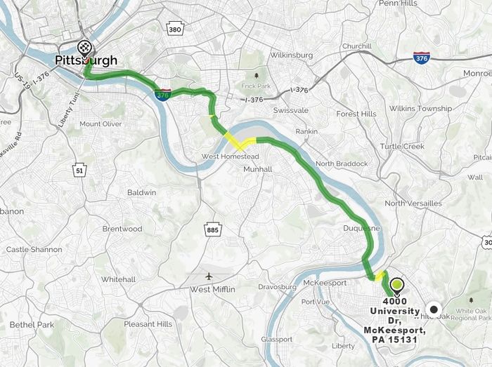 map from Mckeesport to Pittsburgh