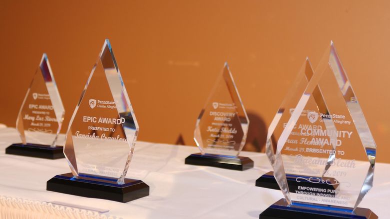 Glass awards on table 