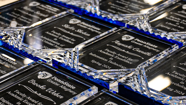 Award plaques on a table