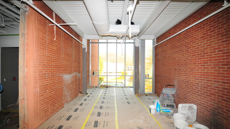 Photo of the overlook on the third floor of the Ostermayer Lab during construction
