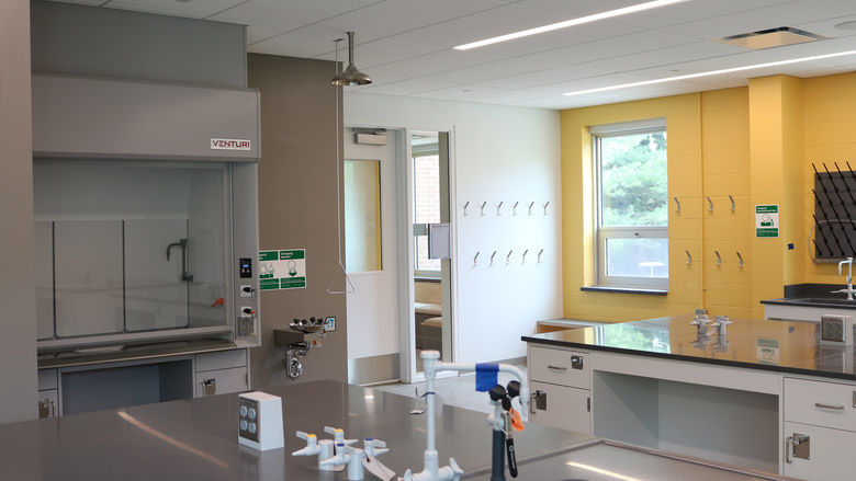 Lab space with brightly painted wall. 