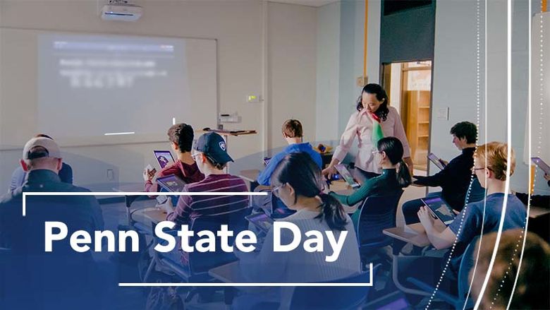 Teacher walking around classroom -Text overlay that reads Penn State Day 