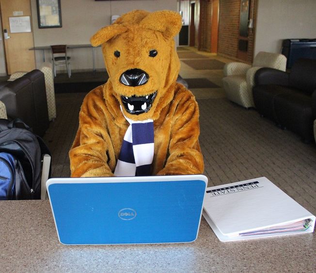 lion mascot at computer