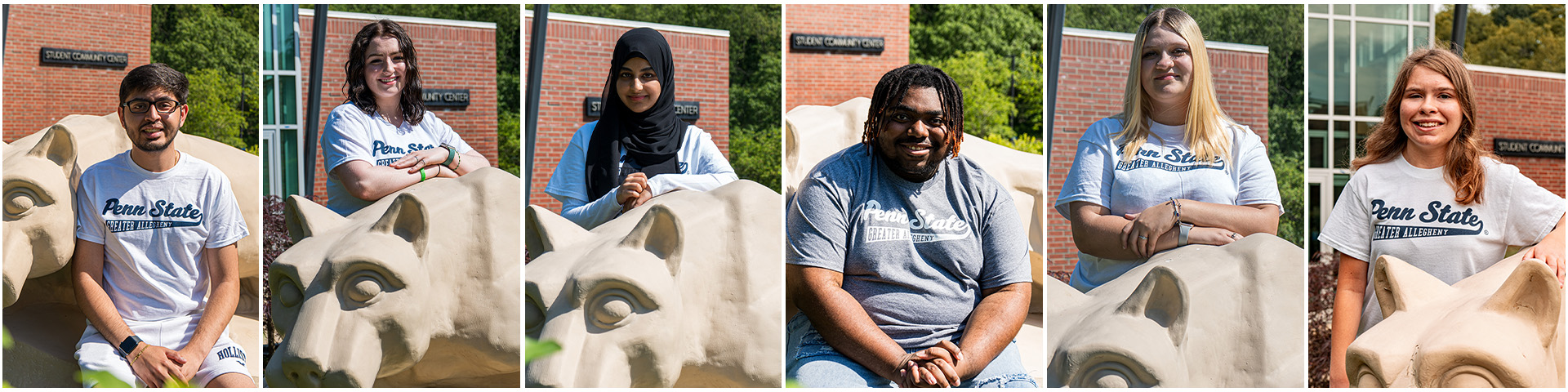 Image of New Student Orientation Leaders wearing Penn State Greater Allegheny T-Shirts posed for photos at the Nittany Lion Shrine statue
