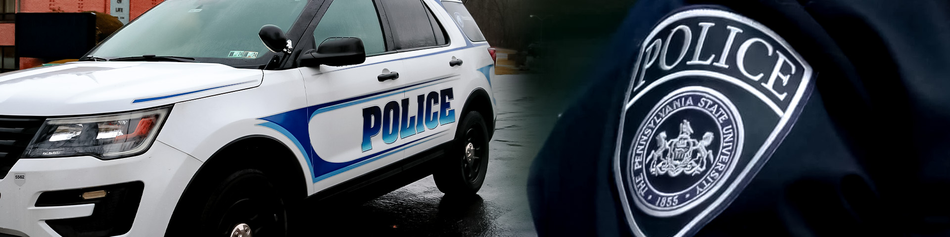 University police car and patch on officer uniform