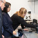 Individuals looking at lab specimens 