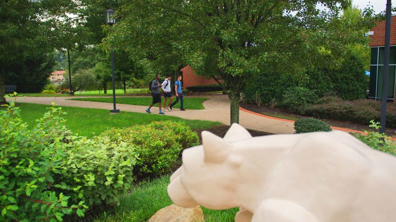 Two students walking in the background of the Nittany Lion shrine.