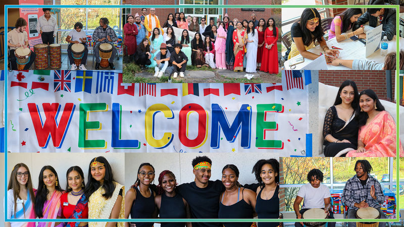 Sign that says welcome and shows pictures of students from diverse backgrounds