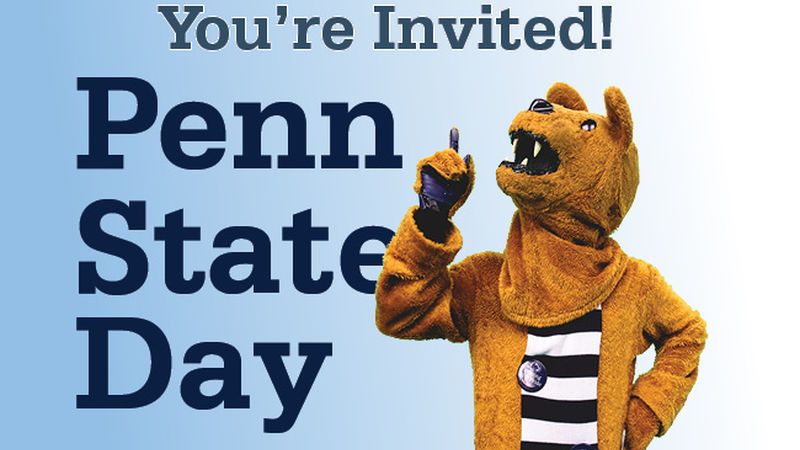 Lion mascot pointing up with text that reads: You're Invited! Penn State Day 