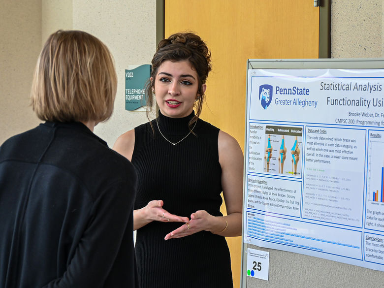 Student presents her research poster at an on-campus research conference.