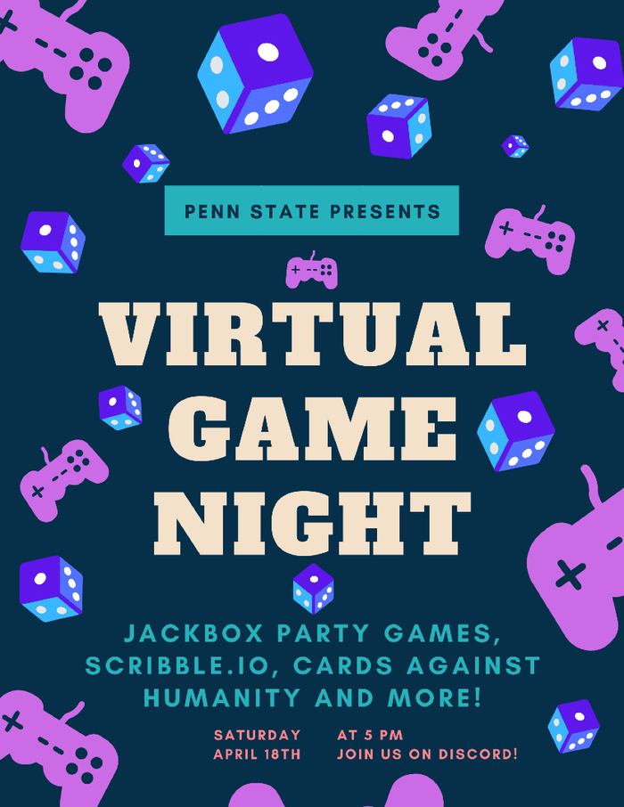 Promotional flyer for Penn State Greater Allegheny's Virtual Game night