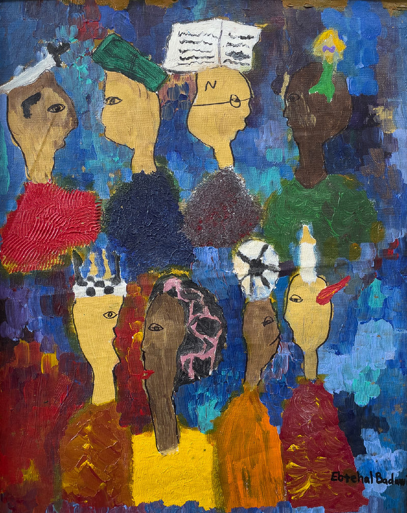 Canvas painting of different people of different races talking together. 
