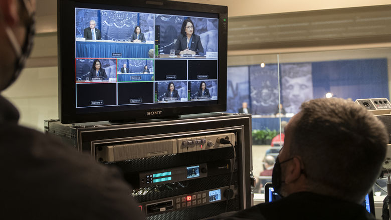 View of press conference from control room