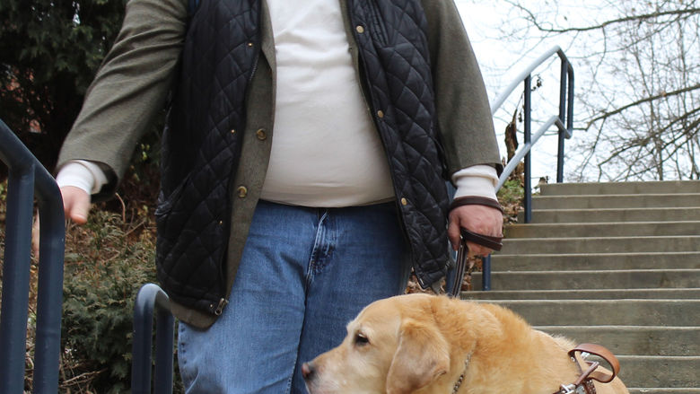 Service Dog Nittany making sure Jerry is safe before continuing down steps 