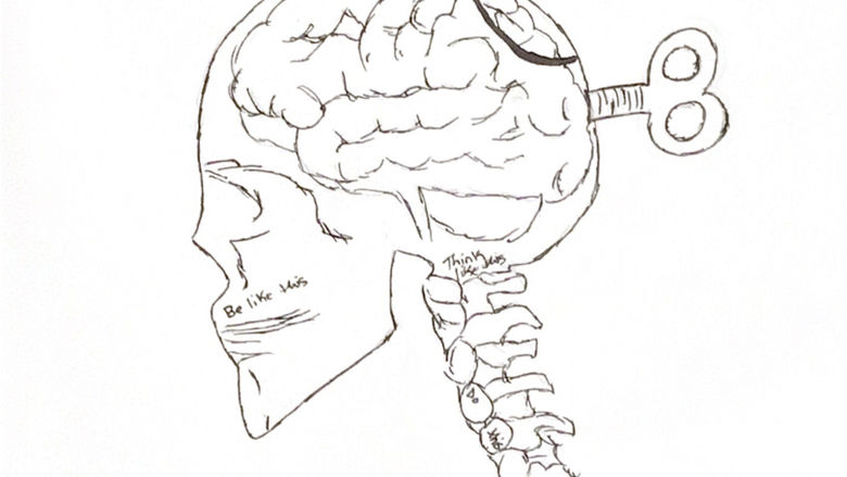 A hand drawn image of a skeleton with a brain and a turn nob coming out from the back of their head. 
