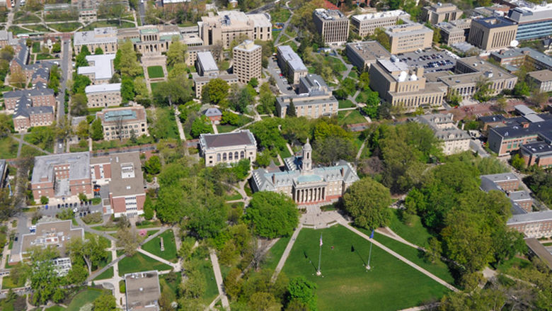 An aerial photo of the Old Main lawn at the Penn State University Park Campus.