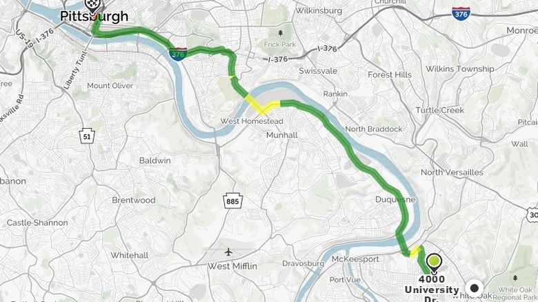 map from Mckeesport to Pittsburgh