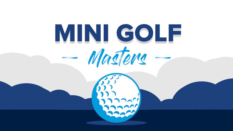 Image of a golf ball on a blue tinted mini golf course with text above it in blue letters that reads "Mini Golf Masters"