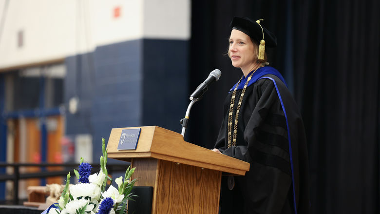 Penn State Greater Allegheny's Interim Chancellor and Chief Academic Officer, Dr. Megan Nagel, addresses the graduates.