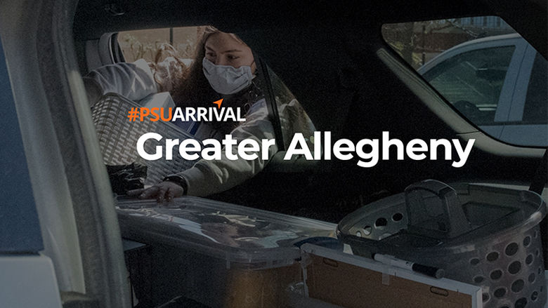 Student reaching for items in car - Text that reads PSU Arrival Greater Allegheny