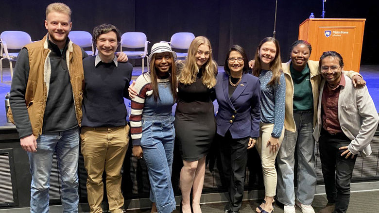 Penn State Altoona students pose with Penn State President-elect Neeli Bendapudi during a campus visit