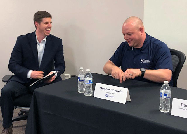 Stephen Sherwin (Right) answering a question asked by Cliff Miller (Left)