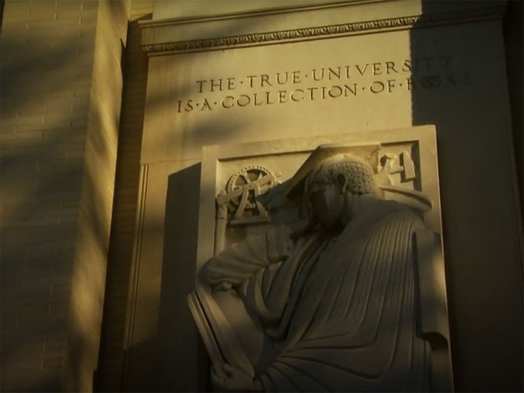 Penn State exterior library ball with sculpture