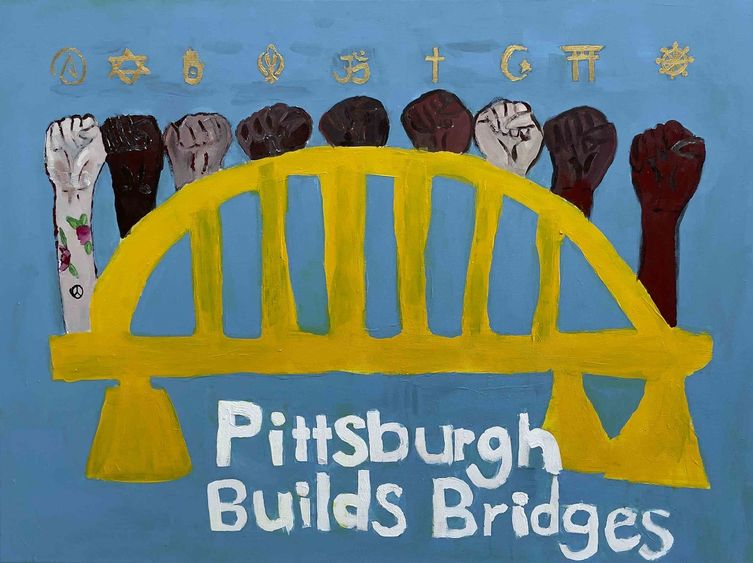 Hand painted artwork shows bridge with different hands sticking out from the top. Above hands are different religious symbols. 