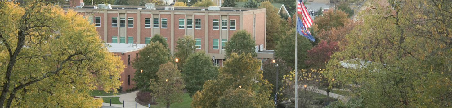 View of lower campus showing Frable and Main Buildings.